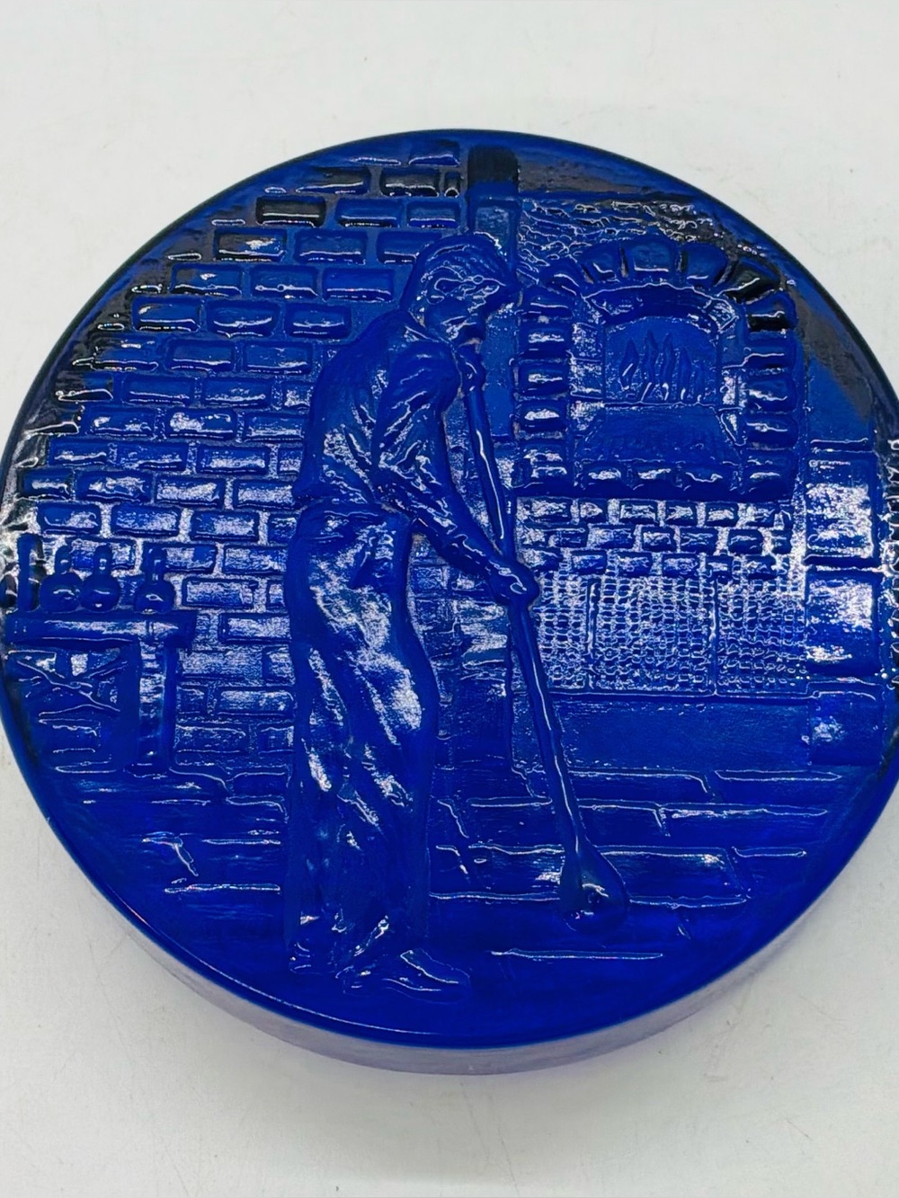 VTG Art Glass Embossed Glass Blower Furnace Paperweight Puck Style Cobalt Blue